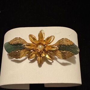 Beautiful Gold Tone Floral and Green  Stones Brooch